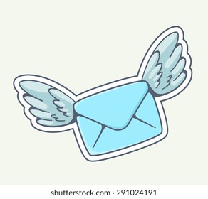 Vector illustration of blue envelope with wings flying on gray background. Hand draw line art design for web, site, advertising, banner, poster, board and print.  