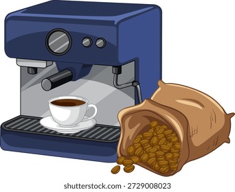 Ilustración vectorial de una cafetera espresso azul, taza de café blanca y saco de arpillera derramado
