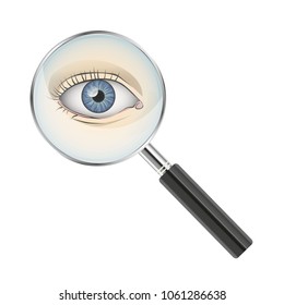 Vector illustration of blue eye under magnifier - vision, medical problems