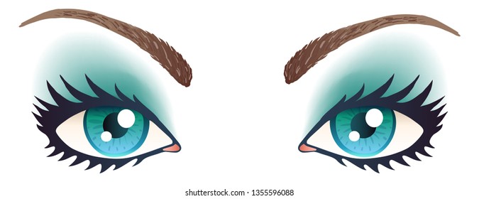 Vector illustration of blue eyes. Blue eyes with makeup and eyebrows.