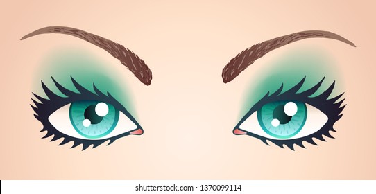 Vector illustration of blue eyes. Blue eyes with makeup and eyebrows. Blue eyes on light skin
