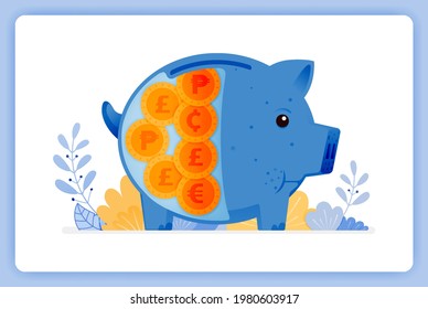 vector illustration of blue fat piggy bank with foreign money. saving and investing. Vector illustration set isolated on white background and can used for landing pages, websites, posters, mobile apps