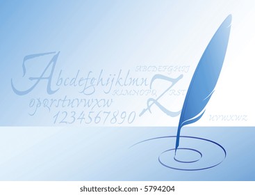 vector illustration of blue feather with letters textured background