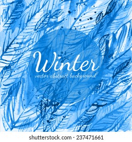 vector illustration of blue feathers and spots/ wind/ feathers/ frost/ winter/ poster/ abstract watercolor background