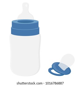 Vector illustration blue feeding bottle. Milk bottle for baby milk. Baby boy bottle and pacifier