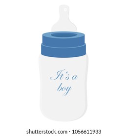 Vector illustration blue feeding bottle or milk bottle. Baby boy bottle with text it's a boy
