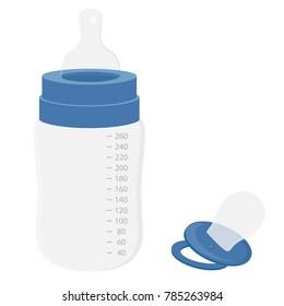 Vector illustration blue feeding bottle. Milk bottle for baby milk. Baby boy bottle and pacifier