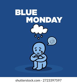 Ilustração vetorial de uma figura azul sentada sob uma nuvem de chuva, representando depressão, tristeza, e a segunda-feira mais sombria.