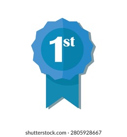 Vector illustration of a blue first place award ribbon icon. A flat design style badge symbol representing victory, success, or top ranking achievement.