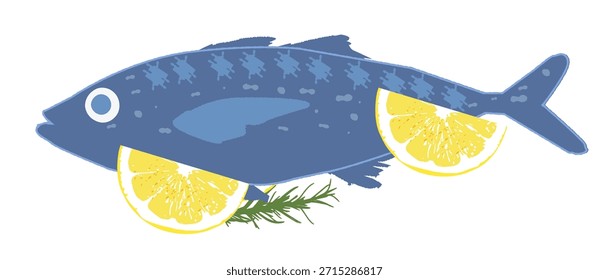 Vector illustration of a blue fish with lemon slices and a sprig of rosemary. Flat style, bright design on a white background. Perfect for menus, packaging, recipes, and summer themes.