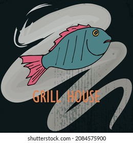 Vector illustration of blue fish on a black background for grill cafe, restaurants, grill party. Hand drawn logo for website, posters, grill party invitations. Fish with pink fins on a chalk board.