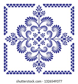 Vector illustration. Blue floral pattern isolated on white background. Ornament for printing on different surfaces: ceramic tiles, fabrics, wallpaper, packaging. Texture for background design.
