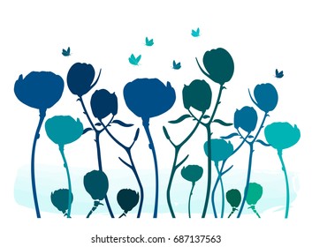 Vector illustration of blue flower meadow and butterflies. Element for design.