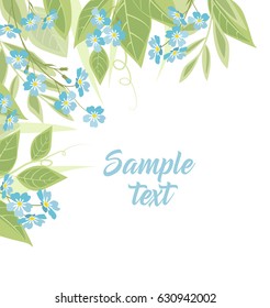 Vector illustration blue flowers. Branch of blue forget-me-not flowers and leaves