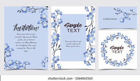 Vector illustration blue flowers on background. Branch of blue forget-me-not flowers. Set of greeting cards