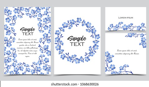 Vector illustration blue flowers on background. Branch of blue forget-me-not flowers. Set of greeting cards