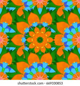 Ilustración vectorial de flores azules. Patrón sin fisuras con flores sobre fondo abigarrado.