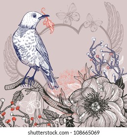 vector illustration of a blue forest bird and blooming wild rose