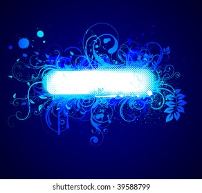 Vector illustration of blue funky Grunge futuristic background with shiny floral Decorative frame