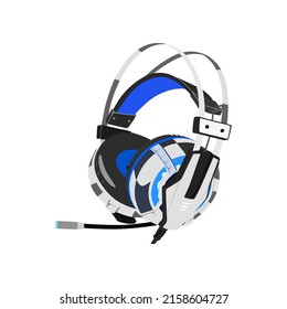 Vector Illustration, Blue Gaming Headset Isolated On White Background, Semi Realistic Flat Cartoon Style. Suitable For Creative Design Materials.