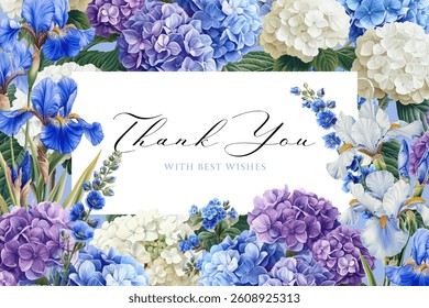 Vector illustration with blue garden flowers isolated on a changeable background. Vintage floral design template for a greeting card, flyer or certificate.