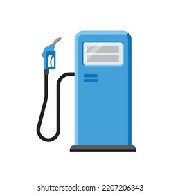 Ilustración vectorial de la gasolinera azul con bomba de gasolina. Aislado en blanco. Estilo plano