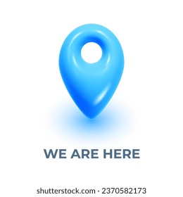 Vector illustration of blue geo location symbol with shadow and text on white color background. 3d style design of geo location sign for web, site, navigation banner, poster