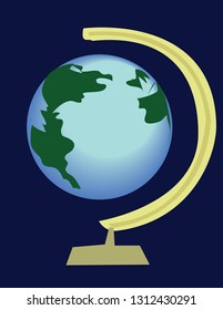 Vector illustration of blue geography globe of world on dark background