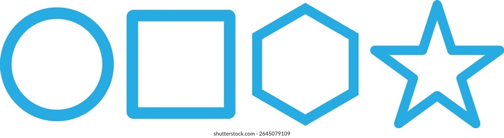 Vector illustration of blue geometric outline shapes including circle, square, pentagon, and star. Ideal for educational materials, design elements, infographics, and modern graphic compositions.