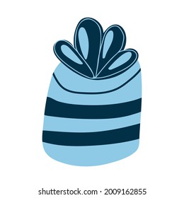 Ilustración vectorial de la caja de regalo azul en estilo plano de dibujos animados. Caja dibujada a mano con arco