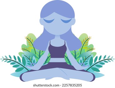 Vector Illustration of blue girl doing yoga or Meditation Practices. Vector illustration in cartoon style.