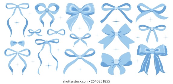 Vector Illustration of blue girly vintage bow set. Bow for hair decor. Ribbons isolated. Trendy girls accessories. Cute hairstyle elements collection.Trendy, coquette, ribbon. Wedding invitation