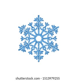 Vector illustration of blue glitter snowflake isolated on white background.