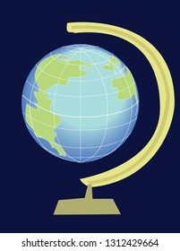 Vector illustration of blue globe with white lines of world on dark background