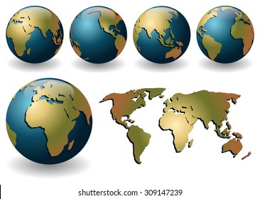 Vector illustration of blue globes with earth tones continents