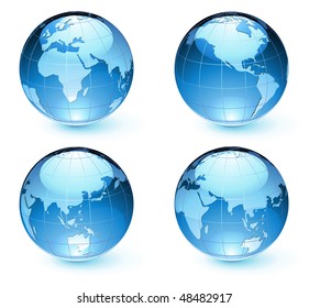 Vector illustration of blue Glossy Earth Map Globes different angles