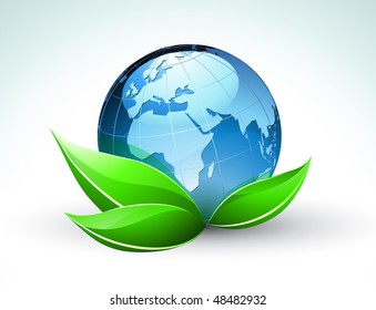 Vector illustration of blue Glossy Earth Map Globe with funky green leaves