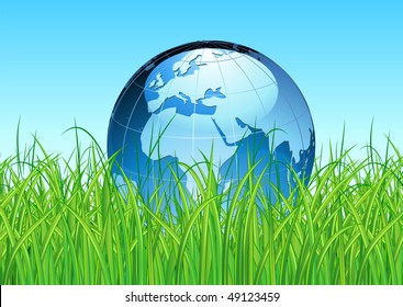 Vector illustration of blue Glossy Earth Map Globe on the green grass