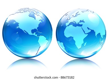 Vector illustration of blue Glossy Earth Map Globes different angles