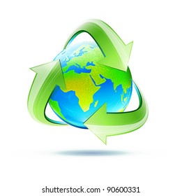 Vector illustration of blue glossy earth globe with green recycle symbol