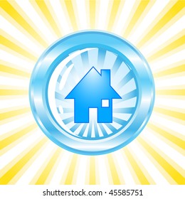 vector illustration of a blue glossy icon with a house on it on sunny background
