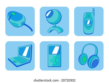 Vector illustration of  blue  glossy technological gadgets icons