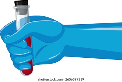 Ilustração vetorial de uma mão com luvas azuis agarrando um tubo de ensaio tampado contendo líquido vermelho, com linhas limpas e sombreamento mínimo