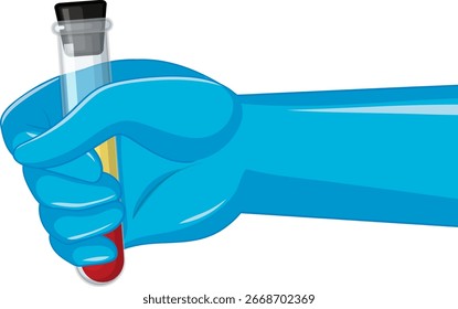 Vector illustration of a blue gloved hand gripping a capped test tube containing a blood sample, with clean lines and minimal shading