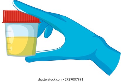 Vector illustration of a blue gloved hand holding a transparent urine specimen cup.