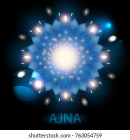 Vector illustration of blue glow mandala flower. 6th Chakra Ajna with bright ligths for tribal design, spa, yoga, meditation centre logo, emblem, card, greeting. EPS 10
