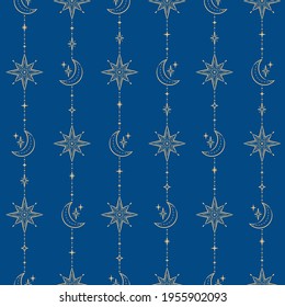Vector illustration blue and gold crescent moon and stars seamless pattern. Celestial elements isolated on white background.