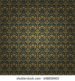 Vector illustration. Blue and gold seamless pattern. Abstract geometric modern background. Polka dots, confetti. Shiny backdrop. Art deco style. Texture of gold foil.