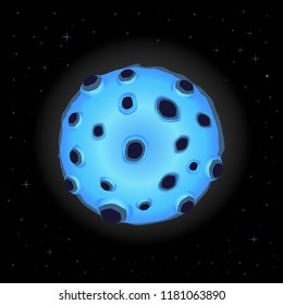 Vector illustration of blue gradient cartoon full moon with craters glowing in the night sky among the sparkling stars. Digital design element, card, flyer, template.