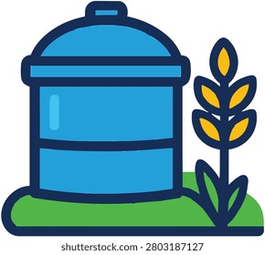 Vector illustration of a blue grain silo and yellow wheat stalk on green ground for agricultural and farming industry concepts.